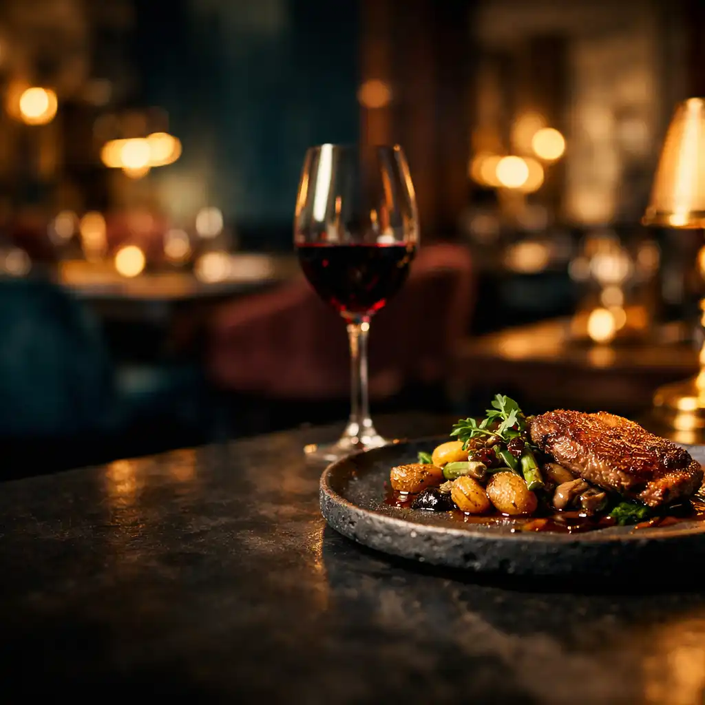 Dopracowane danie wieczorne na ciemnym stole w restauracji Zunqavero