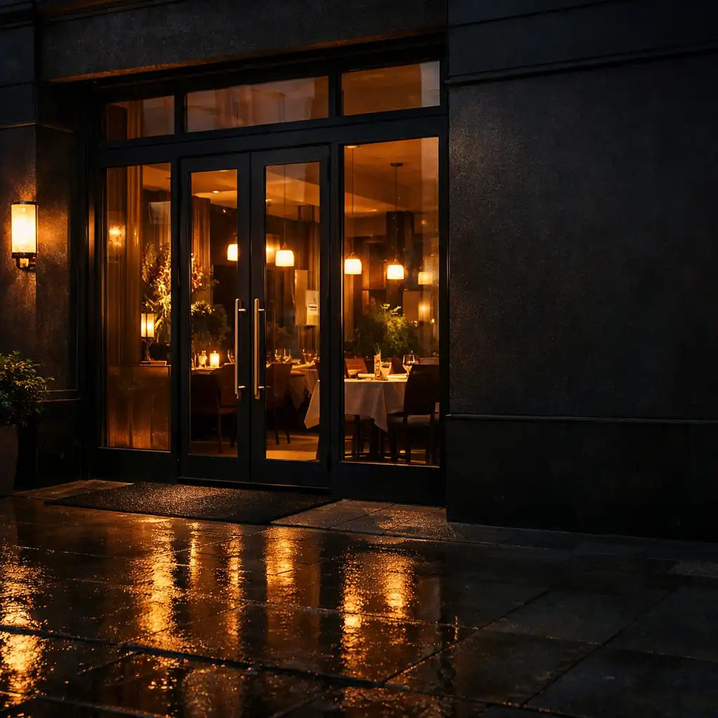 Wieczorne wejście do eleganckiej restauracji w miejskim świetle