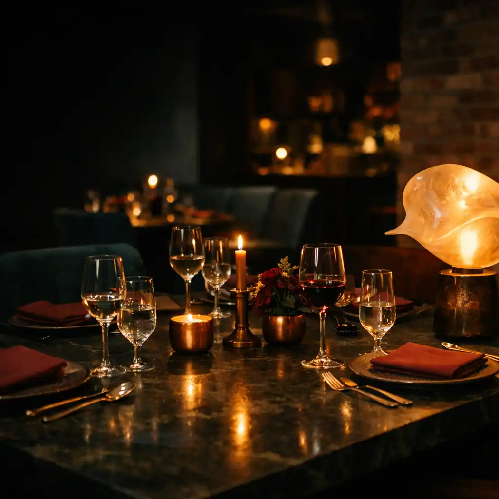 Wieczornie nakryty stół w eleganckim wnętrzu restauracji