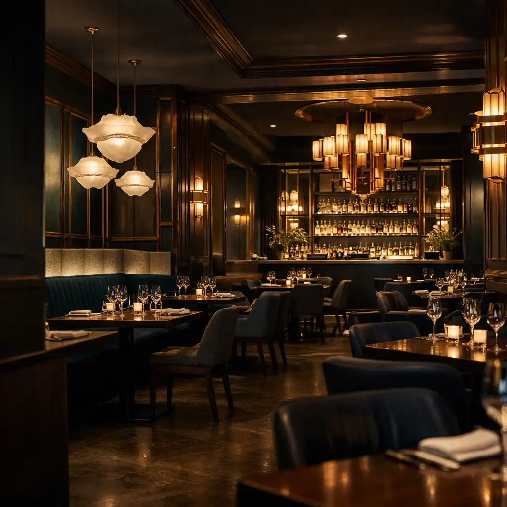 Eleganckie, wieczorowe wnętrze restauracji z lampami i nakrytymi stołami